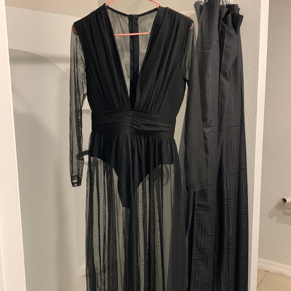 One piece dress with split in the middle with bodysuit and deep V top